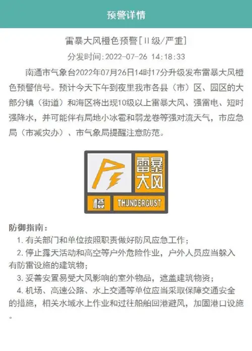 下午13時52分,南通市氣象臺發佈雷暴大風黃色預警信號.